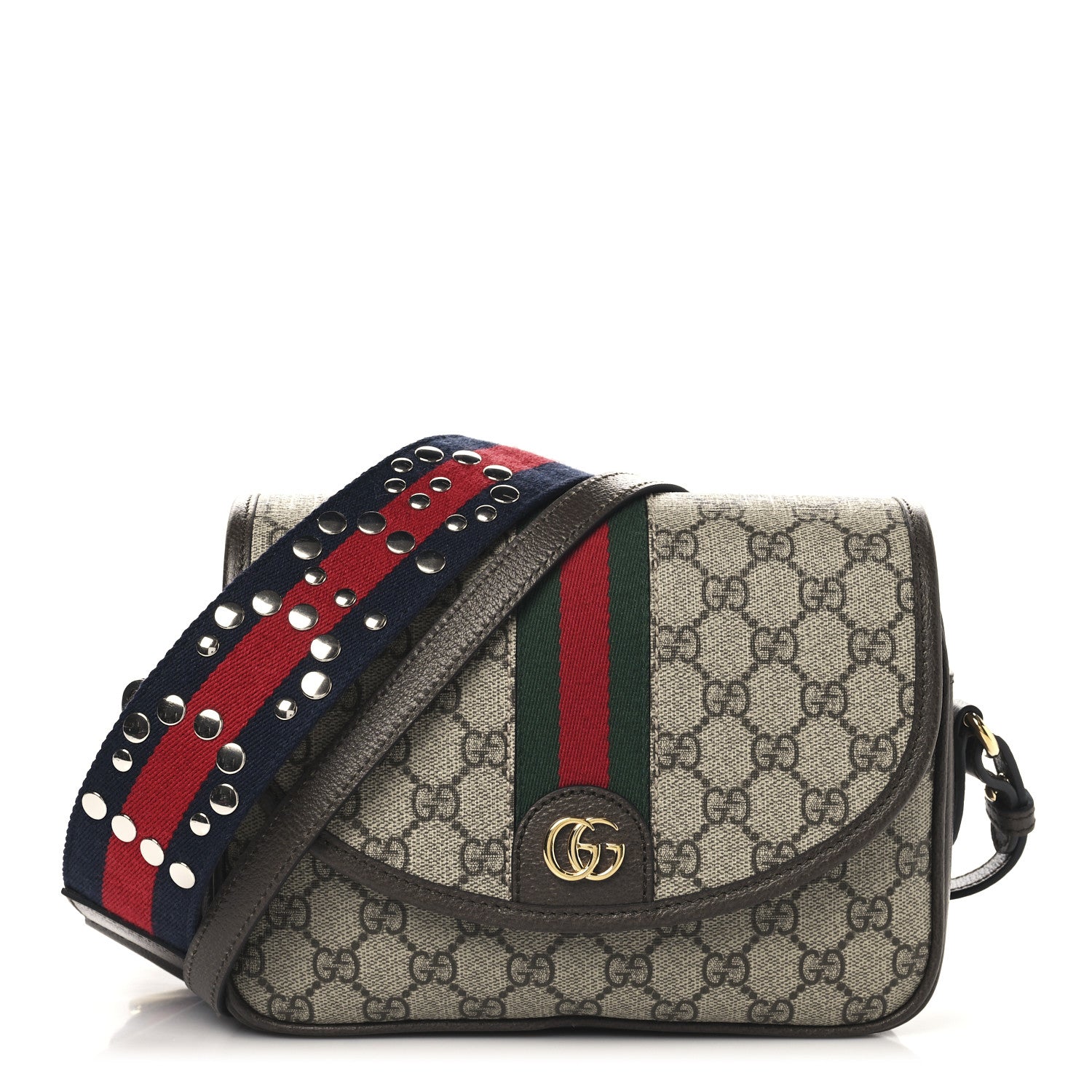 Gucci GG Supreme Monogram Textured Dollar Calfskin Web Studded Mini Ophidia Flap Shoulder Bag Beige Ebony New Acero 1 of 11