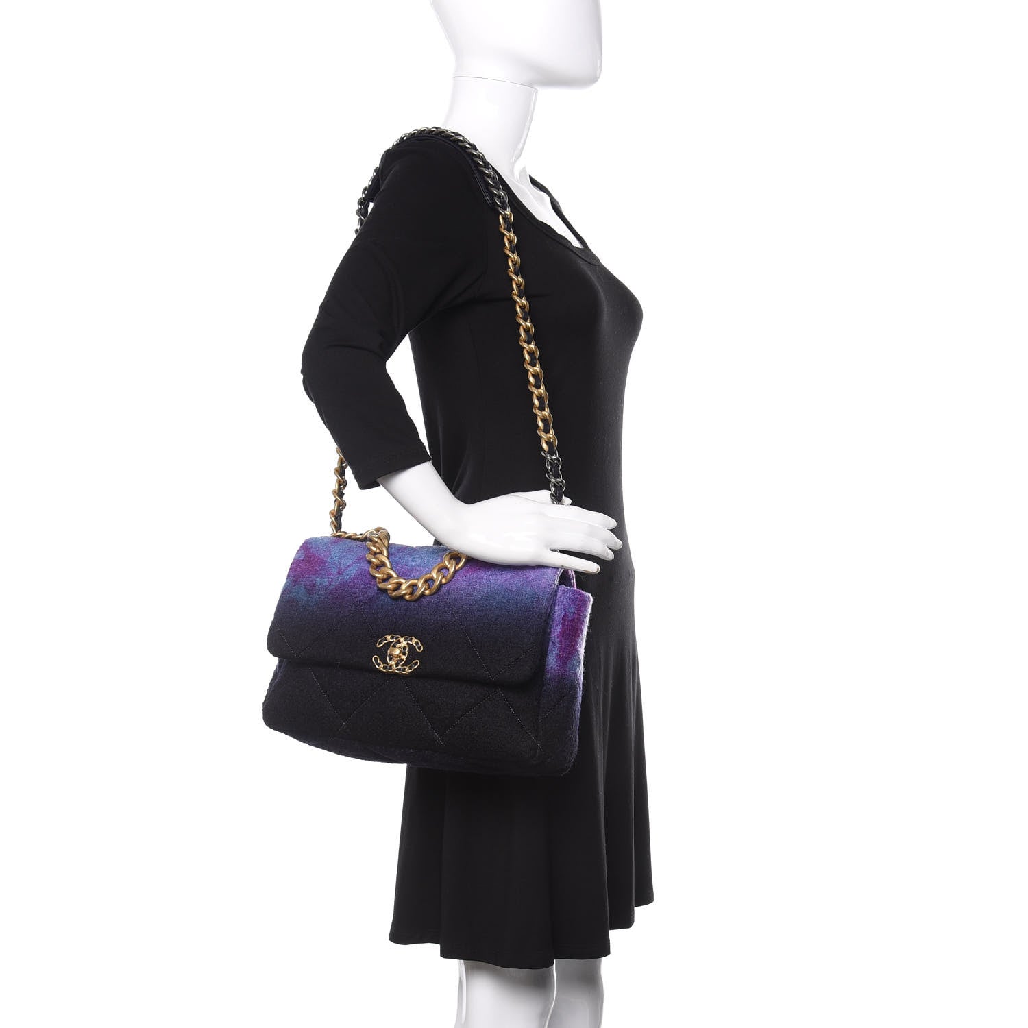 Chanel Wool Tweed Quilted Large 19 Flap Purple Black Blue 2 of 9