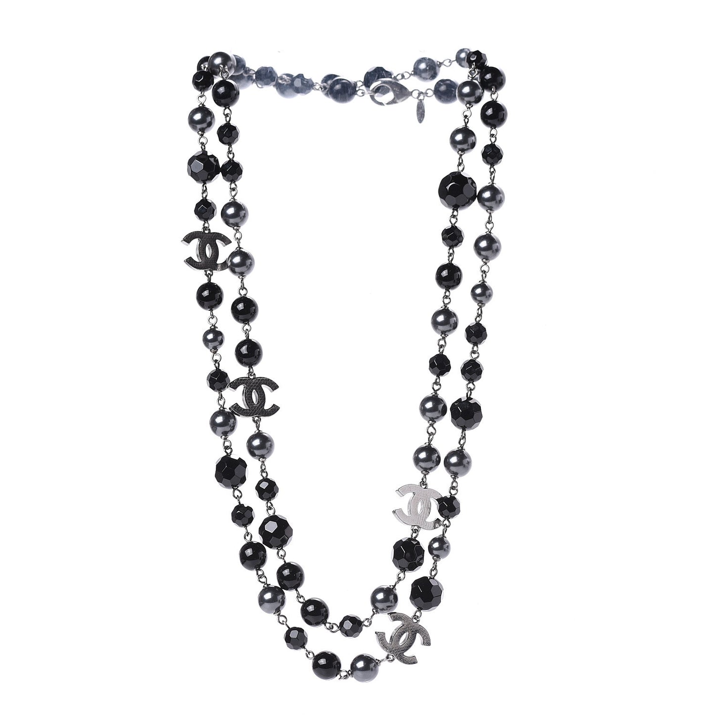 Ruthenium Pearl Beaded CC Long Necklace Black