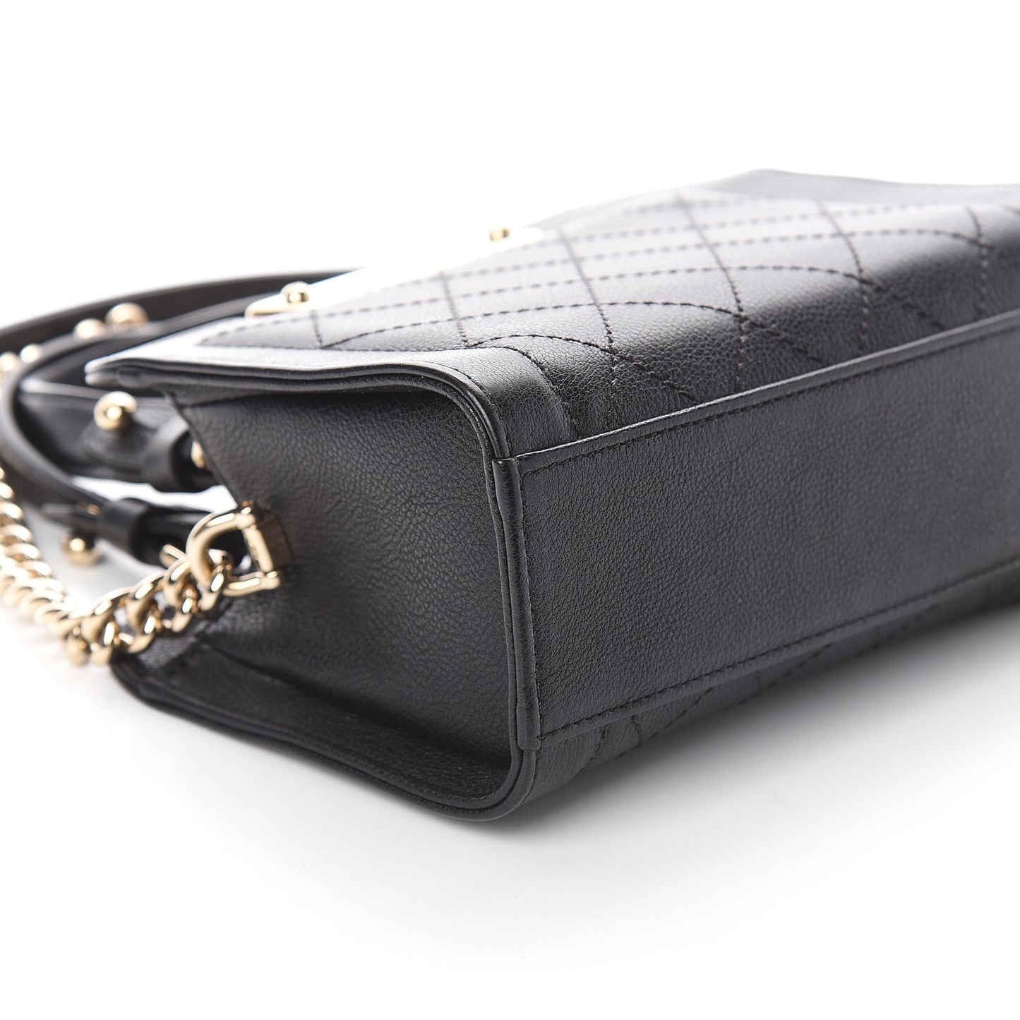 Grained Calfskin Stitched Mini Label Click Shopper Tote Black