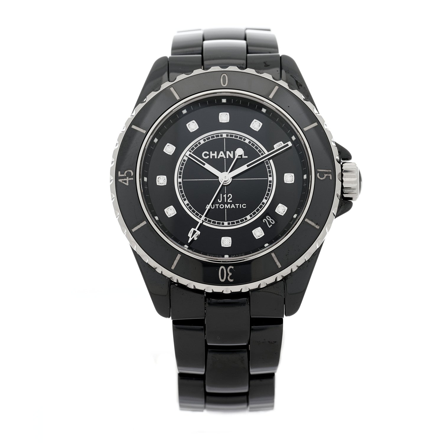 Chanel Stainless Steel Ceramic Diamond 38mm J12 Automatic Watch Black 1 of 4