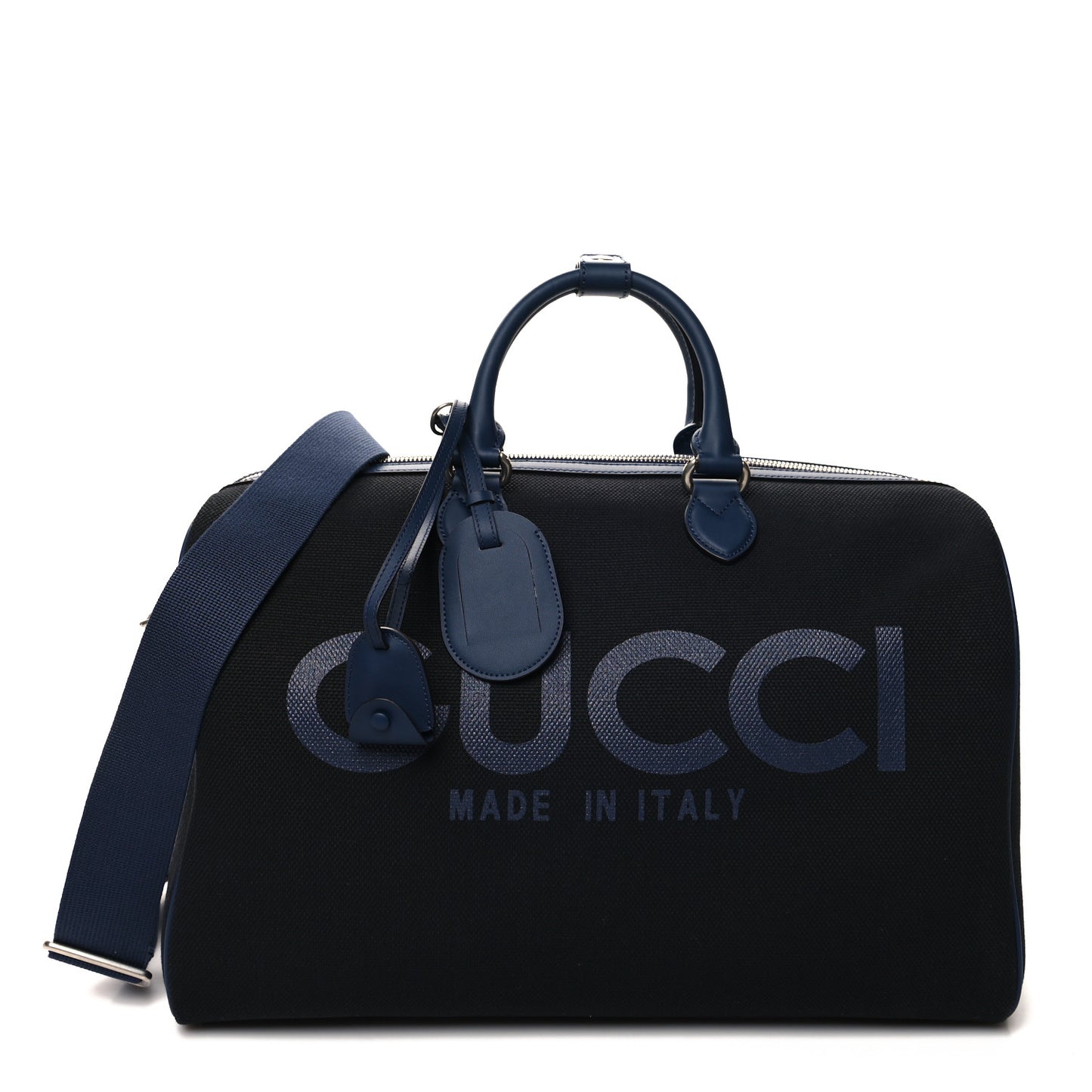 Canvas Calfskin Gucci Print Logo Large Duffle Bag Blue