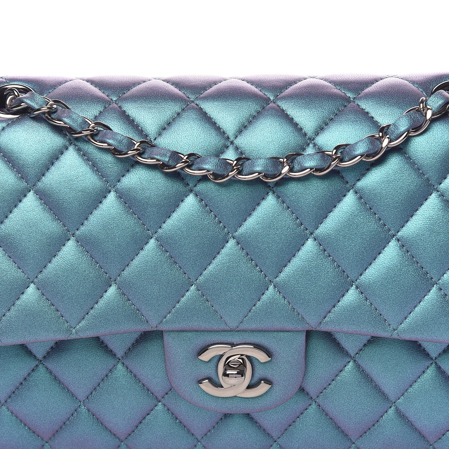 Chanel Metallic Lambskin Quilted Medium Double Flap Turquoise 14 of 15