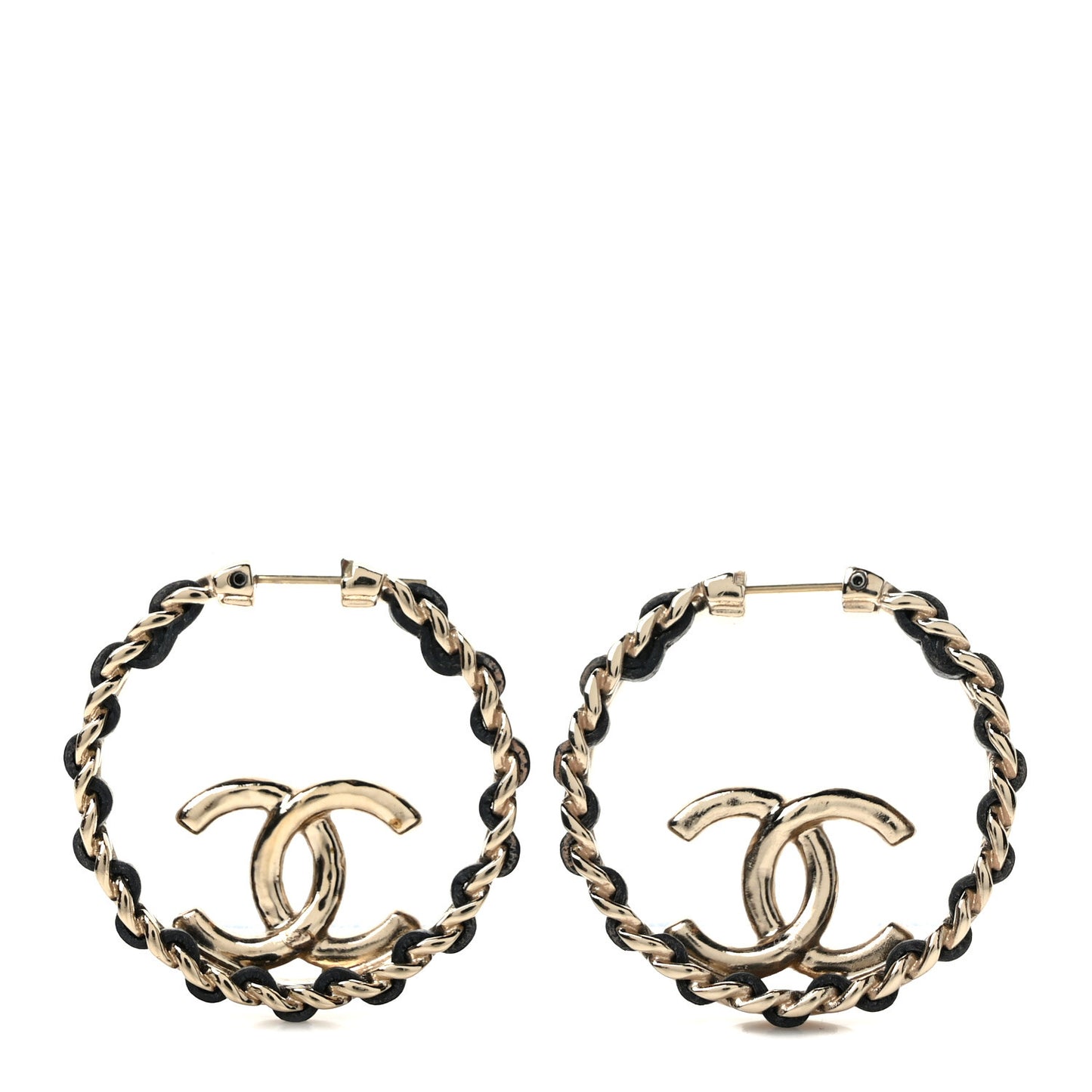Lambskin CC Chain Hoop Earrings Black Gold