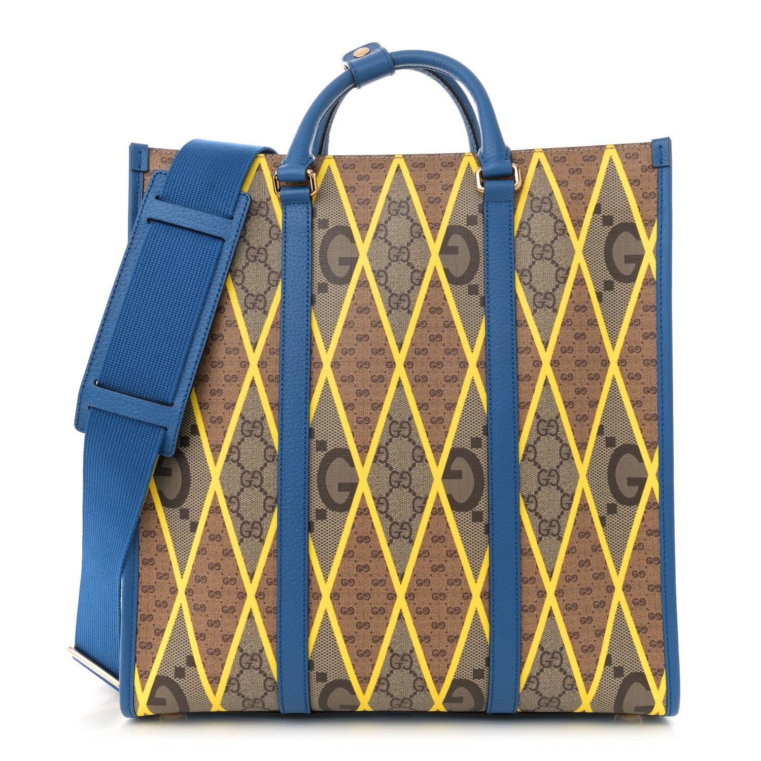 Gucci GG Supreme Monogram Mix Textured Dollar Calfskin Rhombus Inlay Large Tote Bag Beige Ebony Harvest Joy Blue 1 of 10