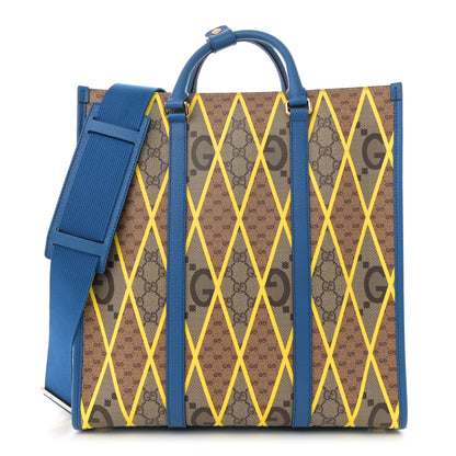 Gucci GG Supreme Monogram Mix Textured Dollar Calfskin Rhombus Inlay Large Tote Bag Beige Ebony Harvest Joy Blue 1 of 10