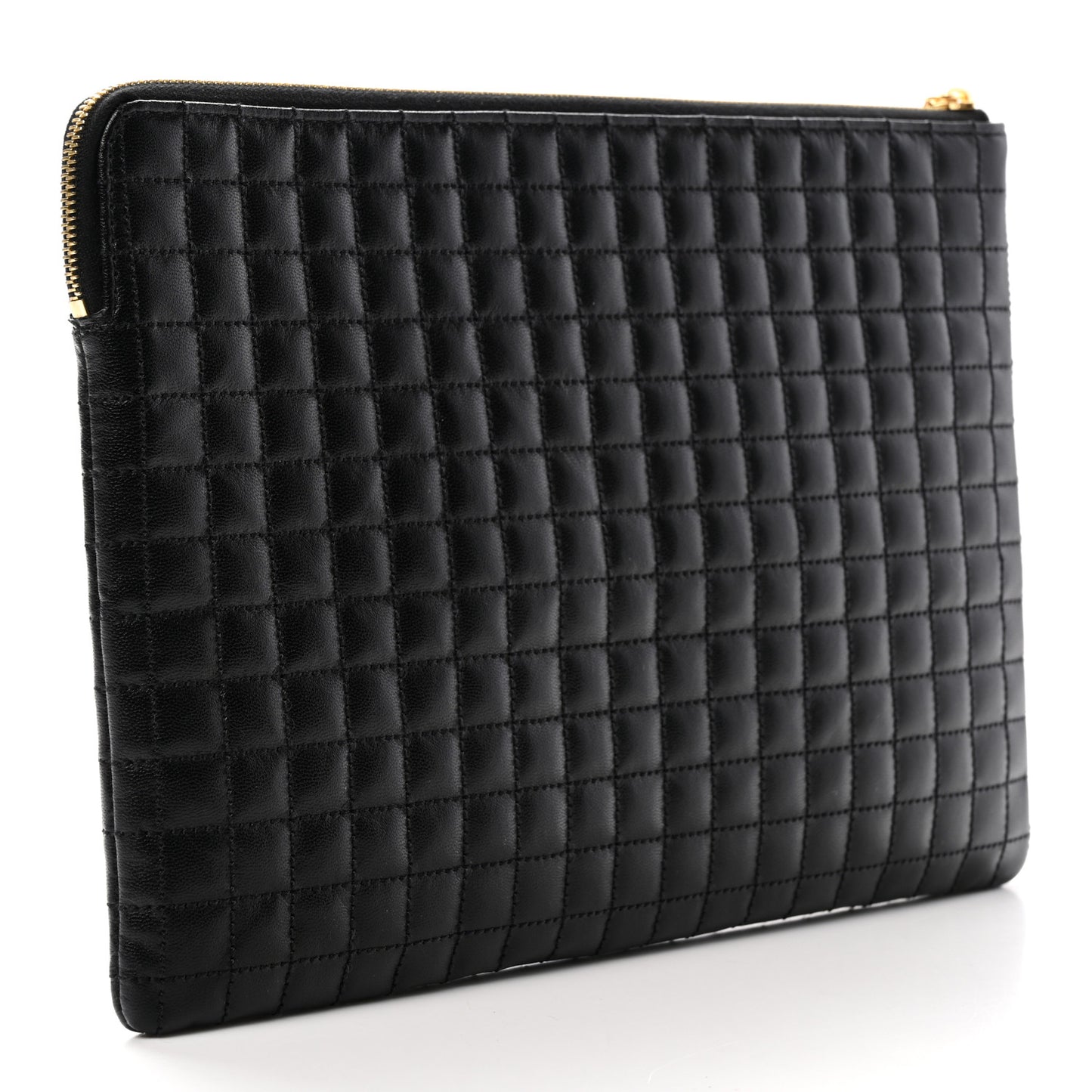 Calfskin Quilted C Charm Pouch Black
