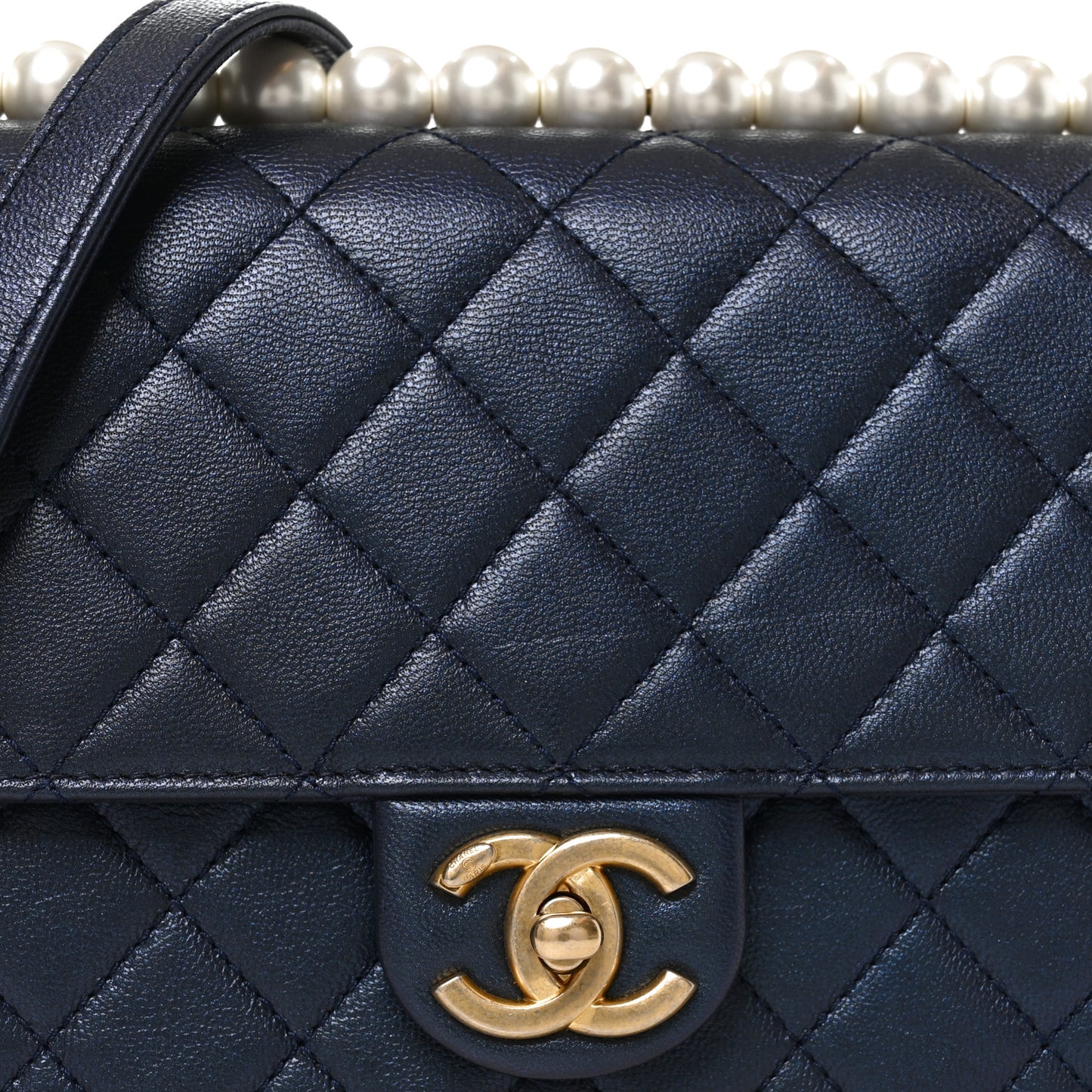 Iridescent Lambskin Quilted Small Chic Pearls Flap Navy Blue