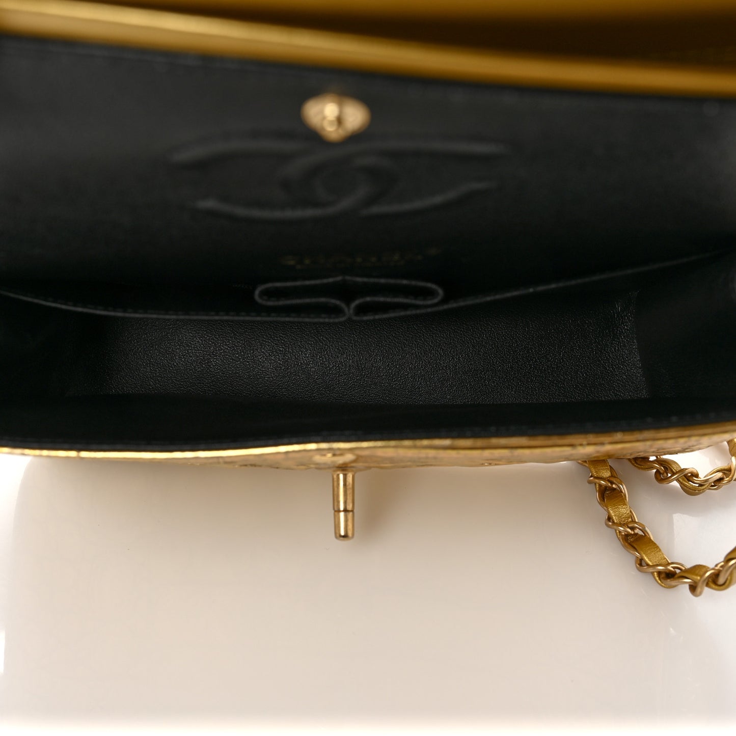 Metallic Calfskin Crocodile Embossed Cocodile Small Double Flap Gold