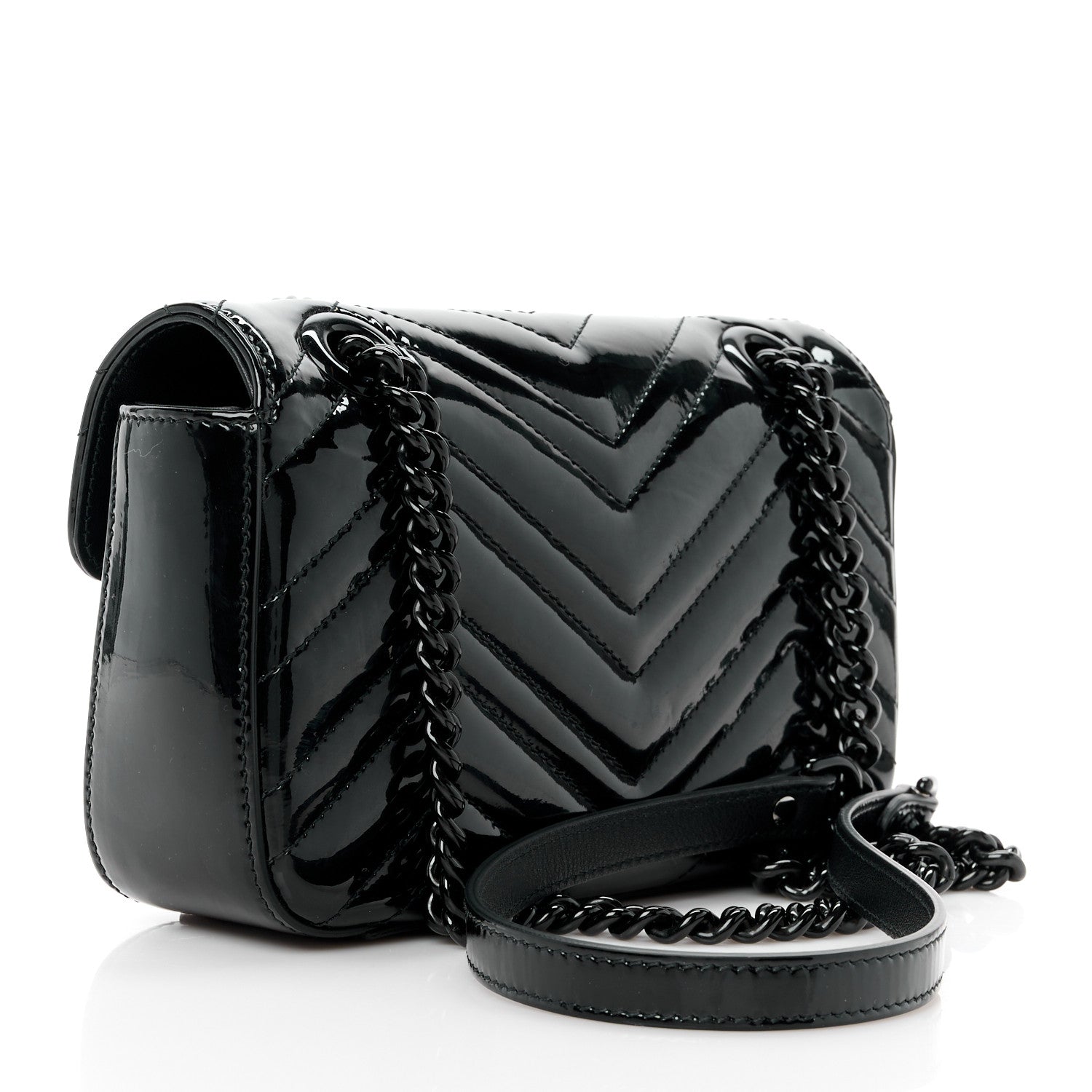 Gucci Patent Lambskin Matelasse Monochrome Mini GG Marmont Shoulder Bag Black 3 of 13