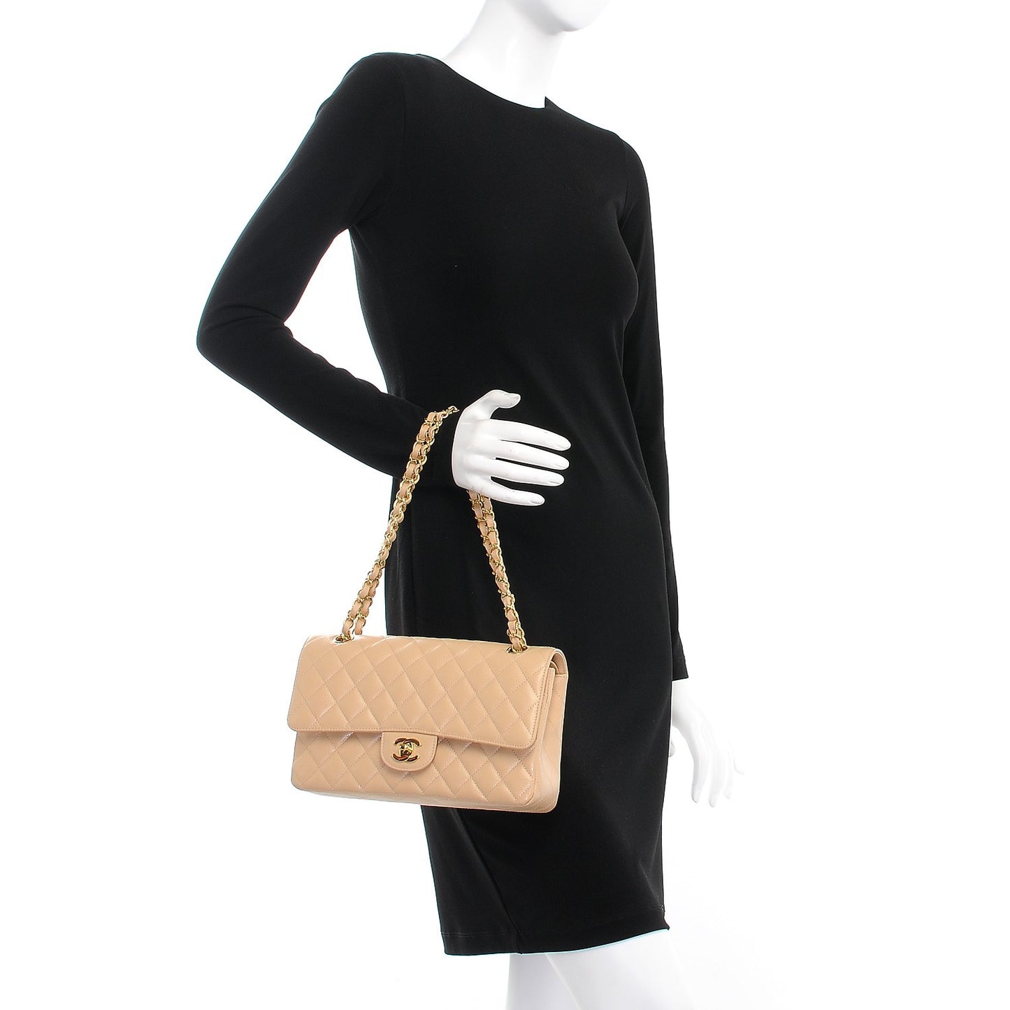 Caviar Quilted Medium Double Flap Beige