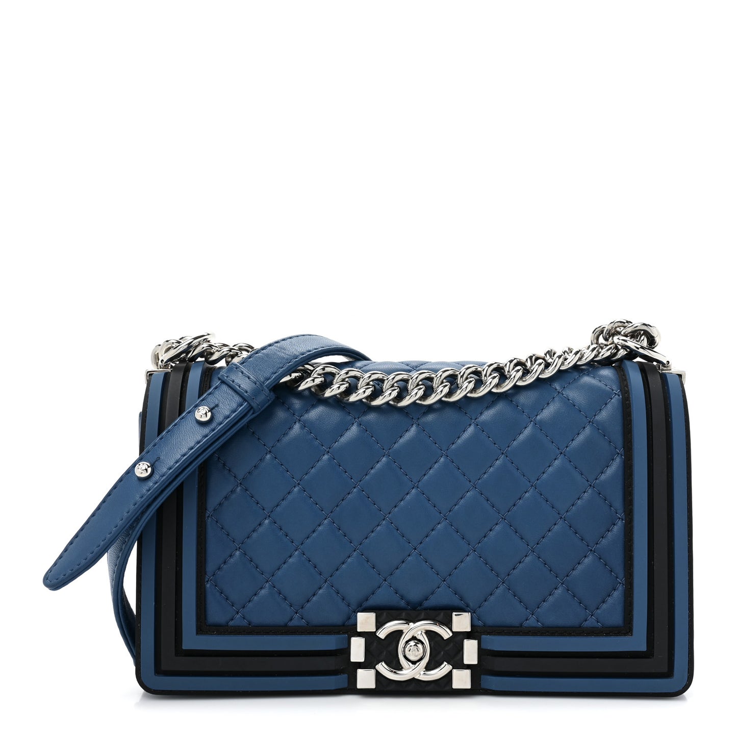 Lambskin Rubber Quilted Medium Two Tone Boy Flap Blue Black