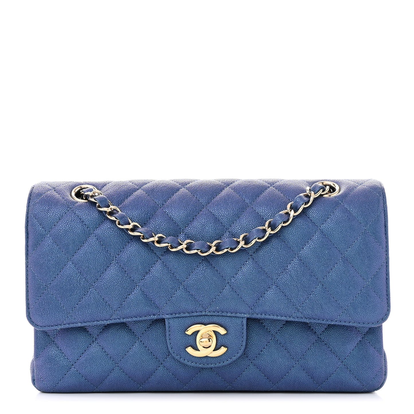 Iridescent Caviar Quilted Medium Double Flap Dark Blue