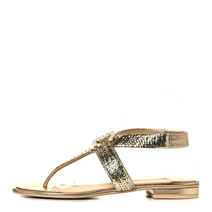 Chanel Sequin Pearl CC Thong Sandals 38.5 Gold 1 of 9