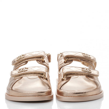 Chanel Iridescent Lambskin Quilted Velcro Dad Sandals 38 Light Bronze 2 of 9