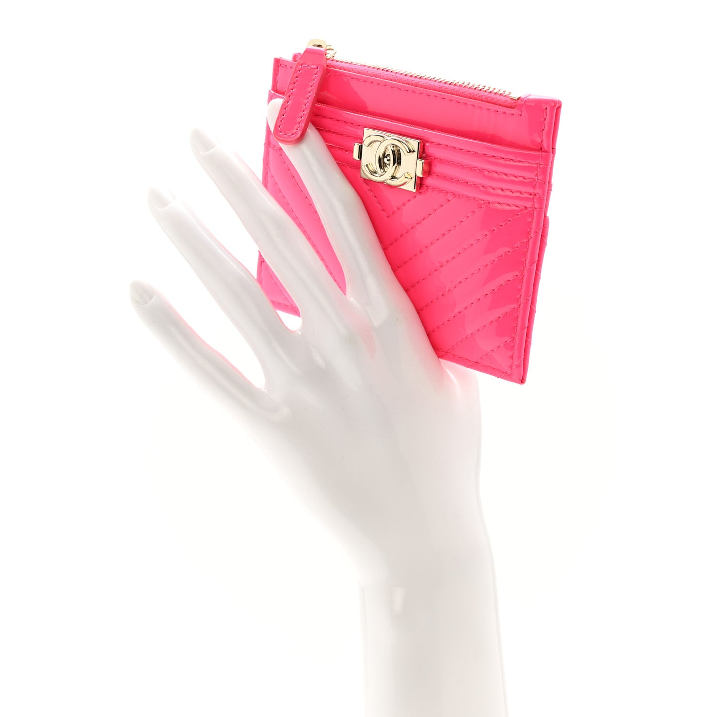 Patent Chevron Quilted Boy Zip Card Holder Neon Pink
