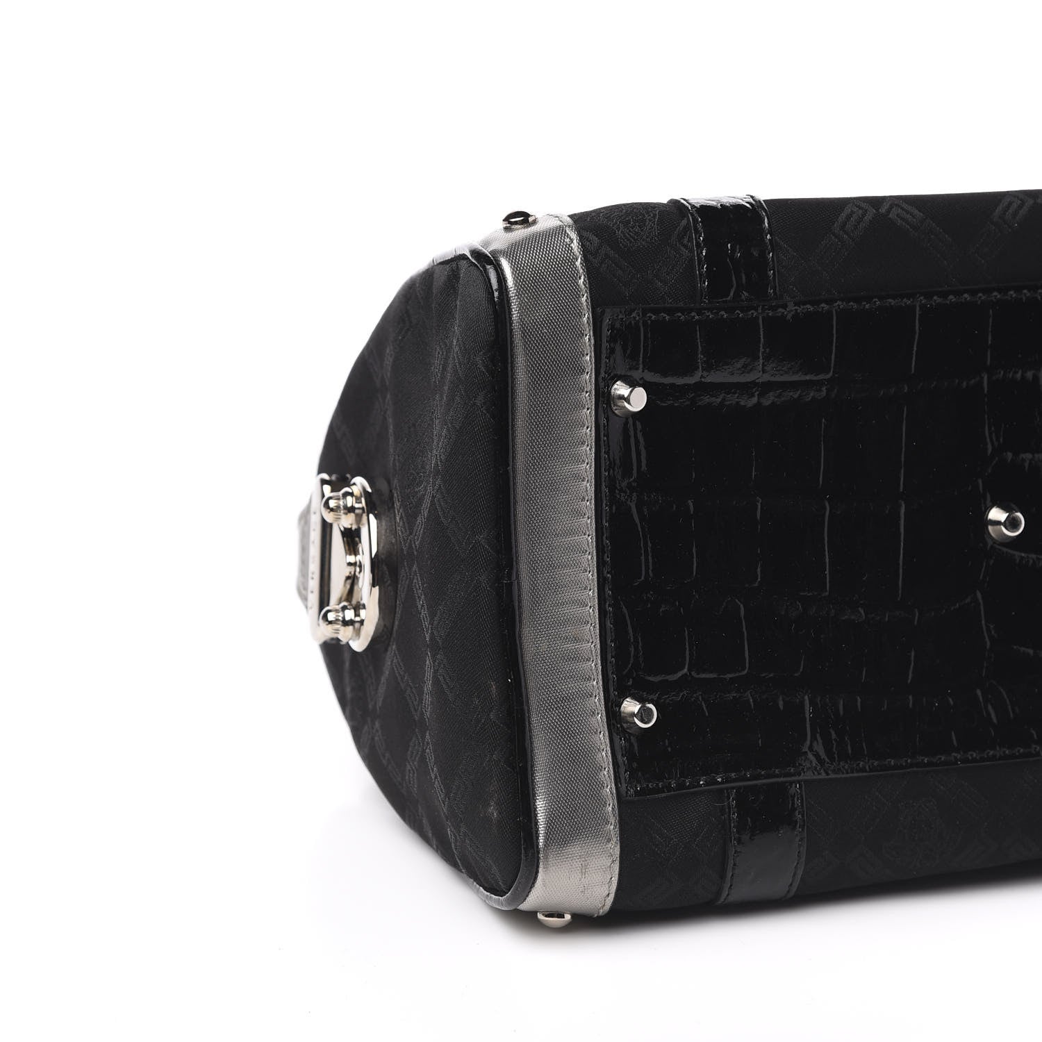 Versace Saffiano Crocodile Embossed Calfskin Nylon Madonna Satchel Black Silver 7 of 11