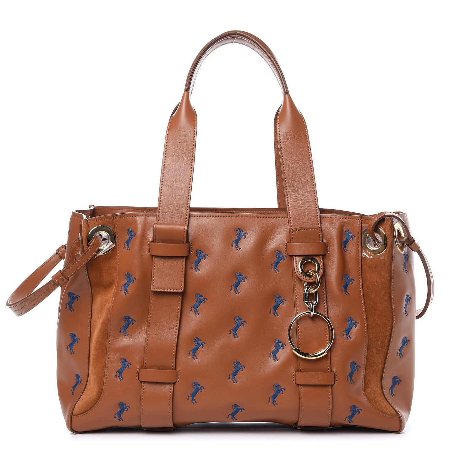 Smooth Calfskin Little Horses Embroidered Tao Zipped Tote Caramel