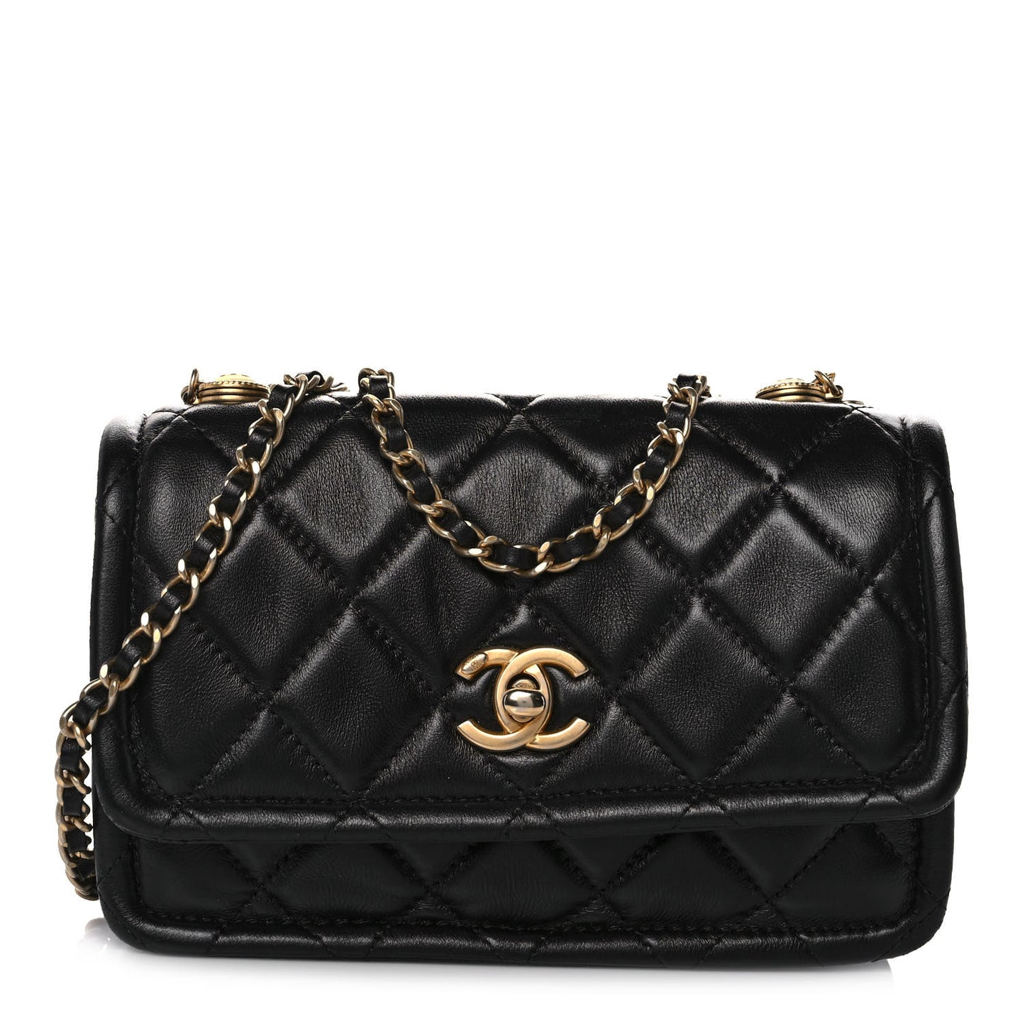 Shiny Lambskin Quilted Mini Flap Black