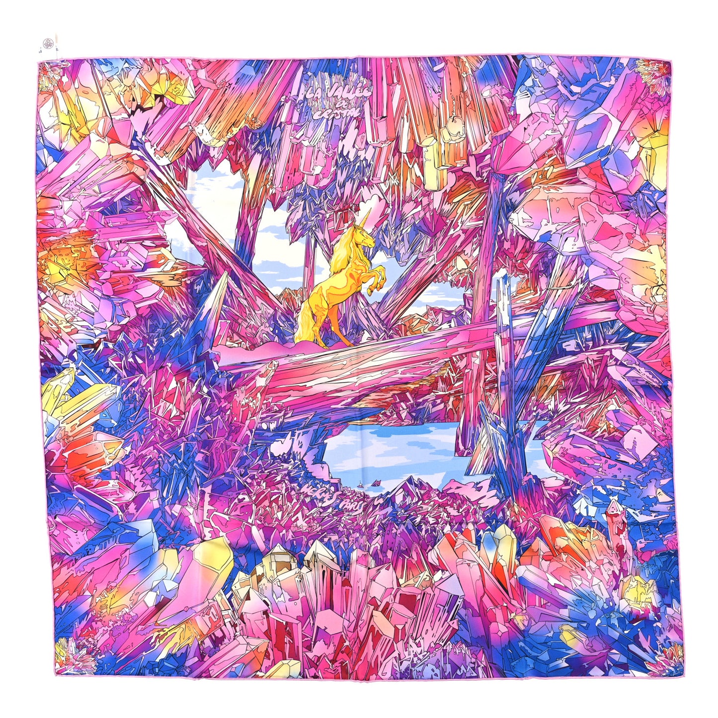 Silk Twill La Vallee De Cristal Scarf 90 Rose Bleu Jaune