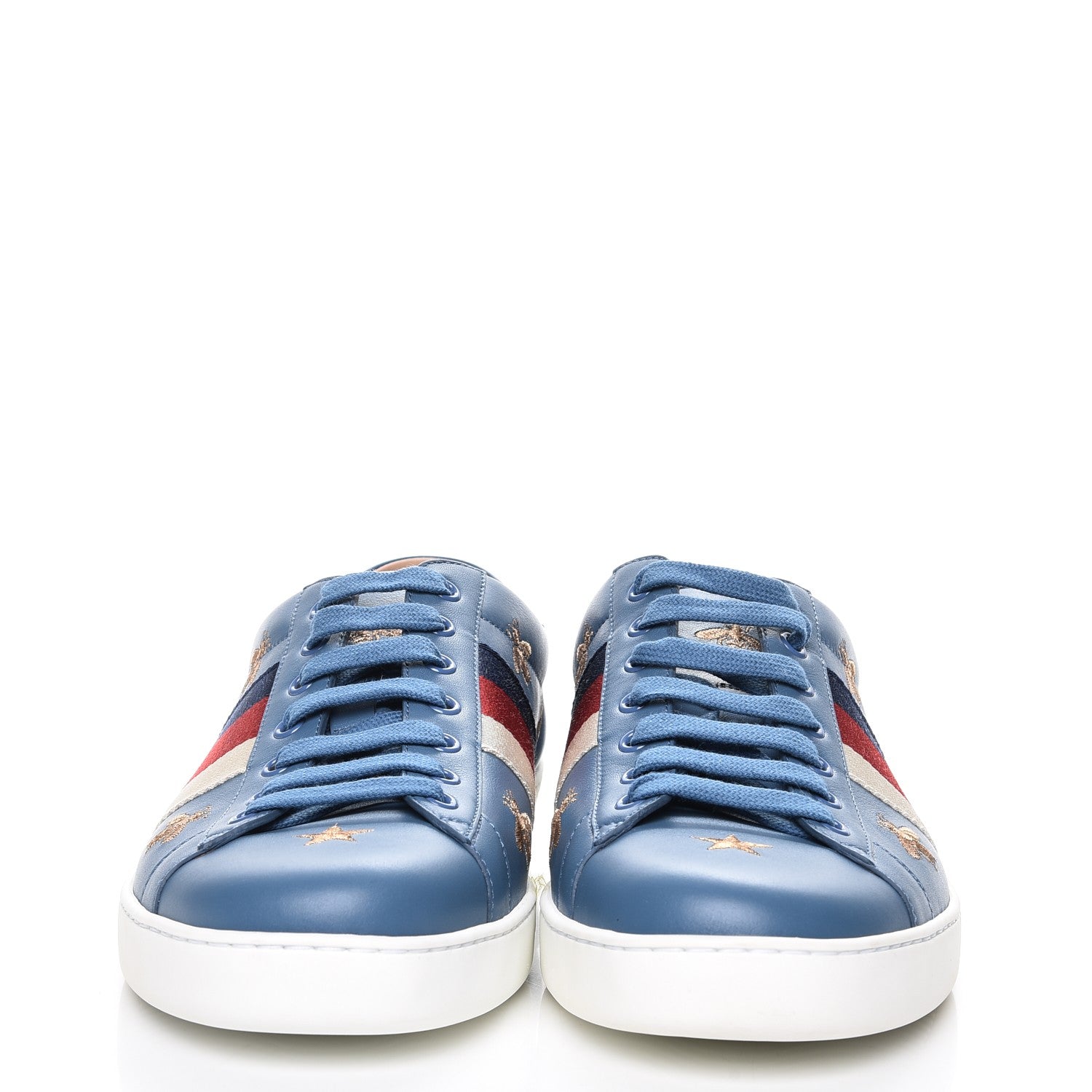 Gucci Calfskin Web Bee Star Embroidered Mens Sylvie Web Ace Sneakers 10.5 Blue 2 of 9