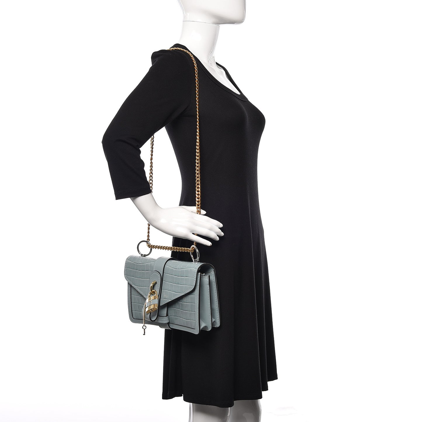 Calfskin Crocodile Embossed Aby Chain Shoulder Bag Faded Blue