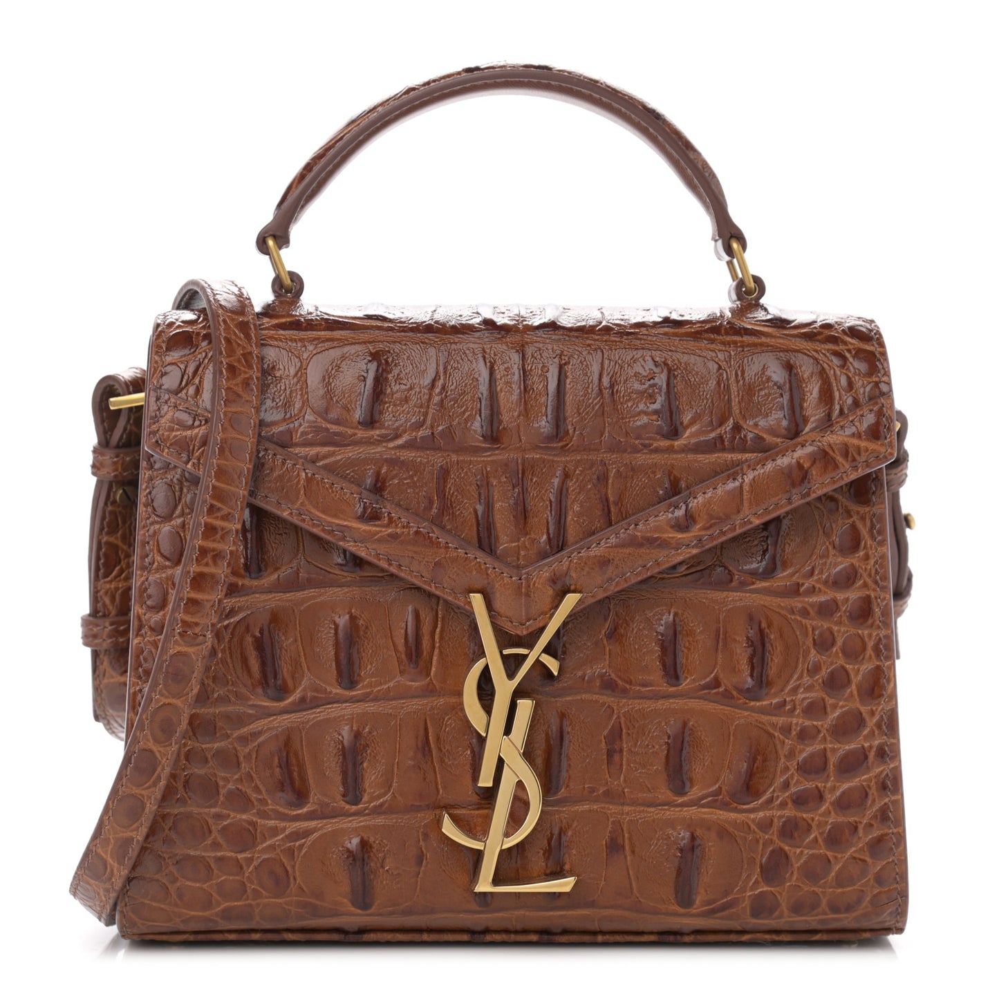 Calfskin Crocodile Embossed Mini Classic Monogram Cassandra Top Handle Brown