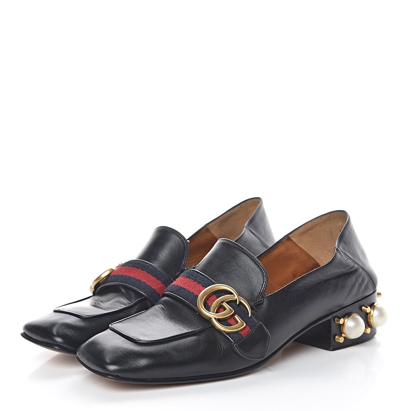 Betis Glamour Calfskin Web Pearl Embellished Peyton 35mm Loafer Pumps 37 Black