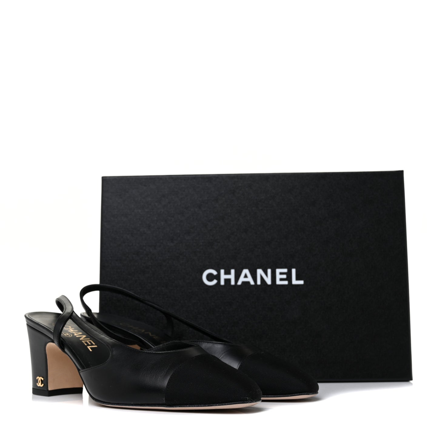 Goatskin Grosgrain Cap Toe CC Slingback Sandals 38.5 Black
