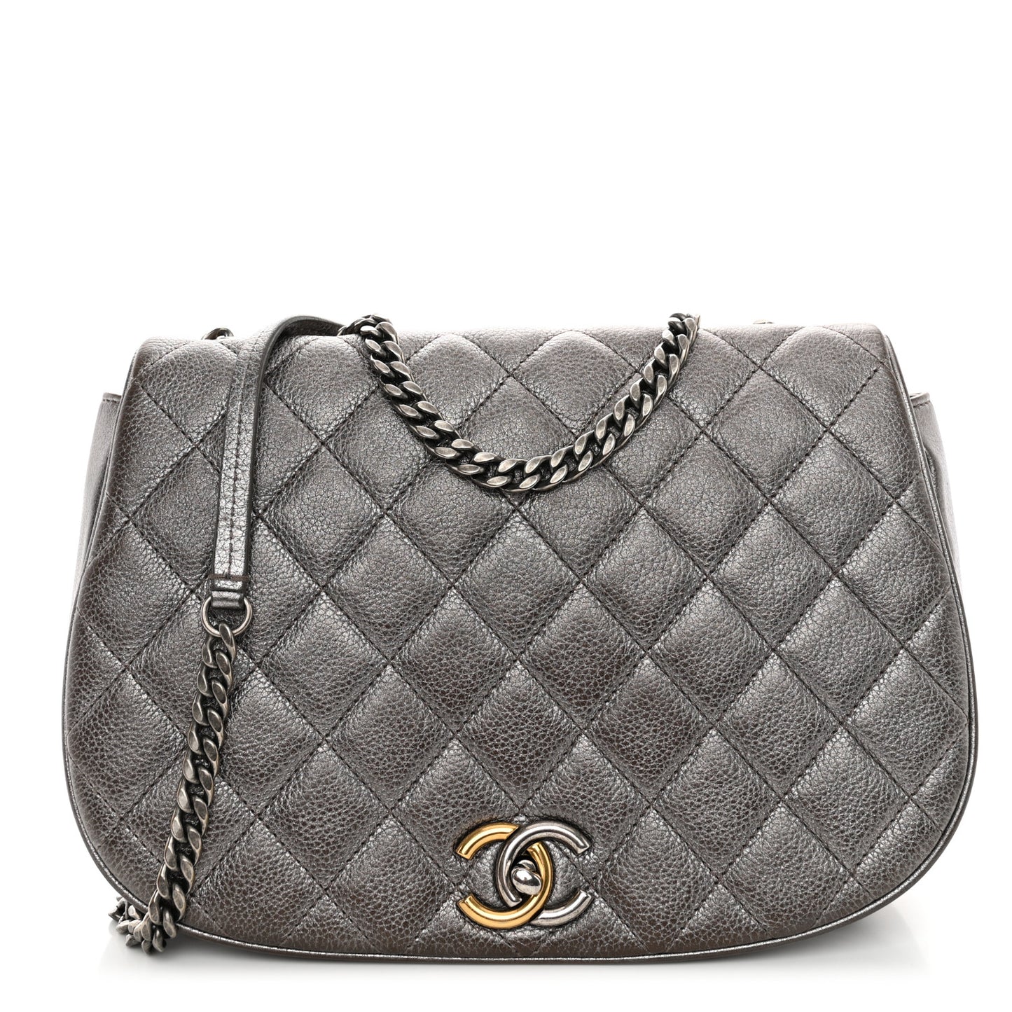 Metallic Calfskin Quilted Casual Pocket Messenger Flap Silver