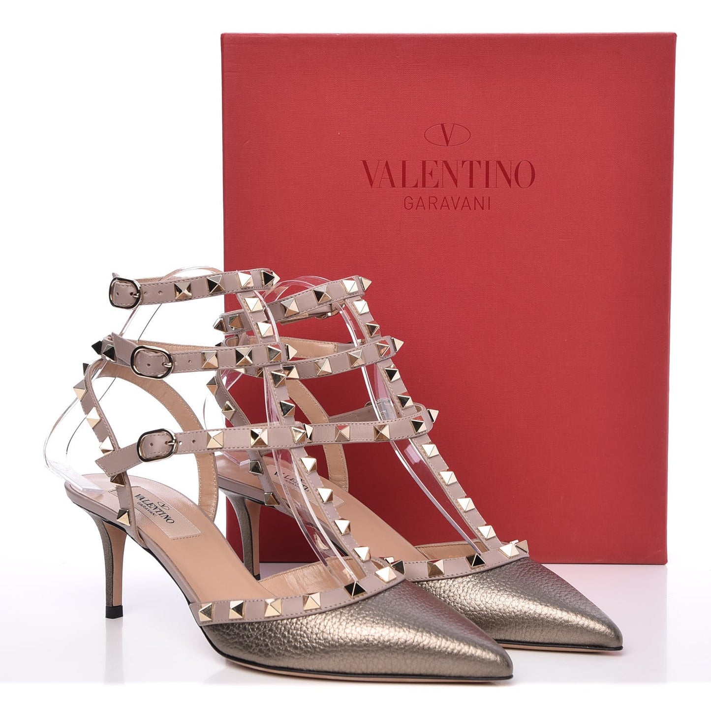 Metallic Pebbled Calfskin Rockstud Ankle Strap 65mm Pumps 38 Sasso Poudre