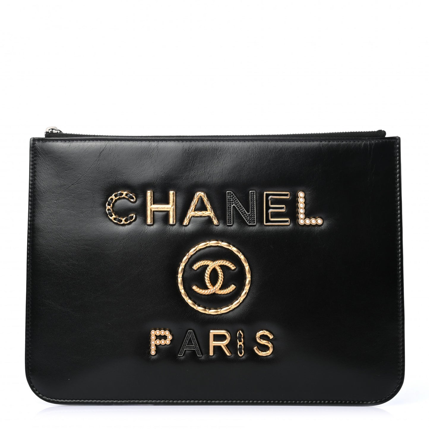 Shiny Calfskin Crystal Pearl Logo Cosmetic Case Black