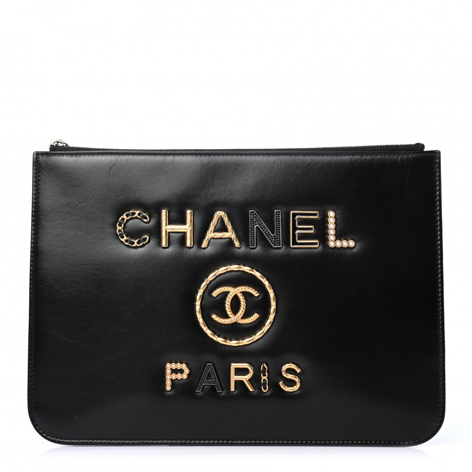 Chanel Shiny Calfskin Crystal Pearl Logo Cosmetic Case Black 1 of 7