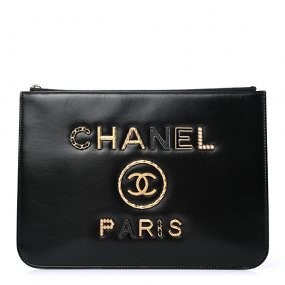 Chanel Shiny Calfskin Crystal Pearl Logo Cosmetic Case Black 1 of 7
