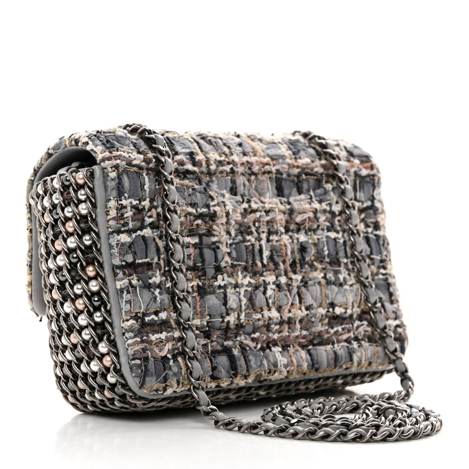Chanel Tweed Quilted Mini Side Pearl Flap Bag Grey 3 of 10