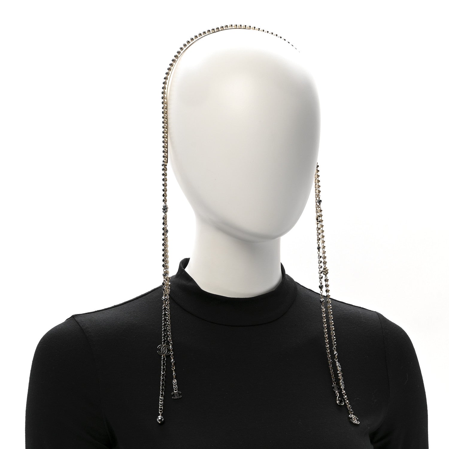 Chanel Metal Crystal Pearl CC Chandelier Headband Gold Black Grey 2 of 5