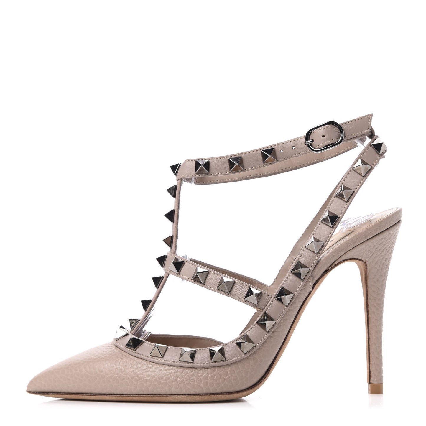 Pebbled Calfskin Rockstud Ankle Strap Pumps 35 Poudre
