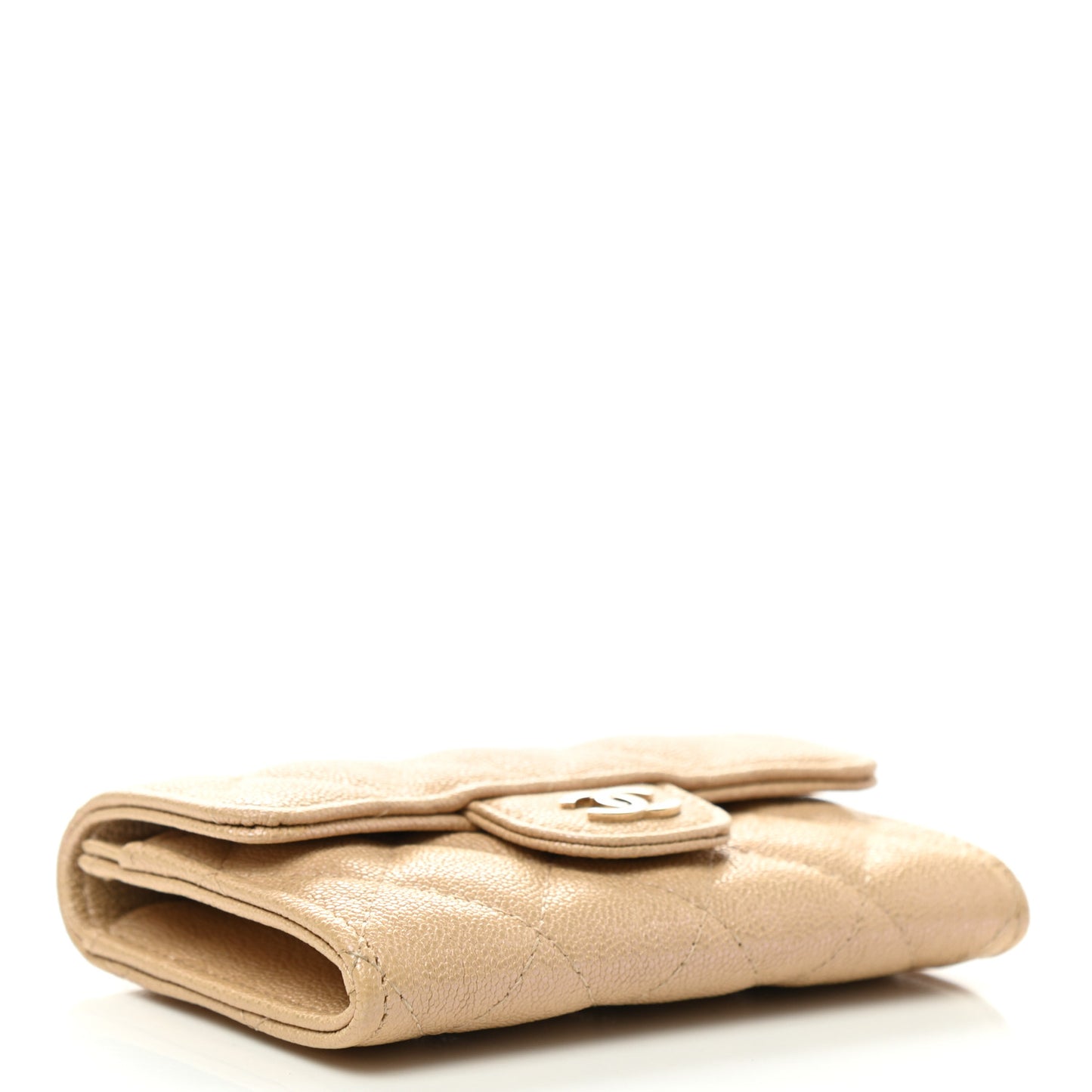 Iridescent Caviar Quilted Flap Card Holder Beige