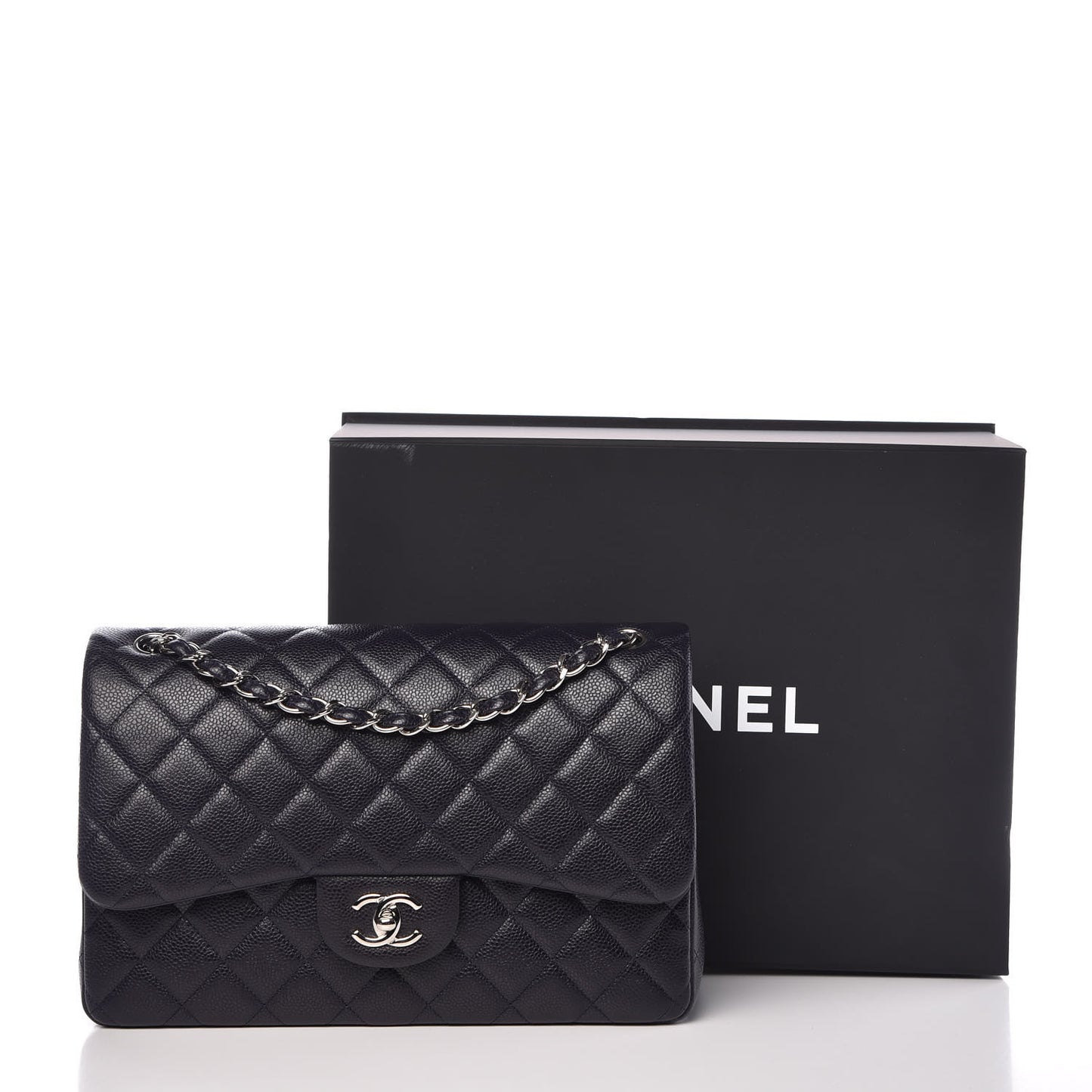 Caviar Quilted Jumbo Double Flap Navy Blue