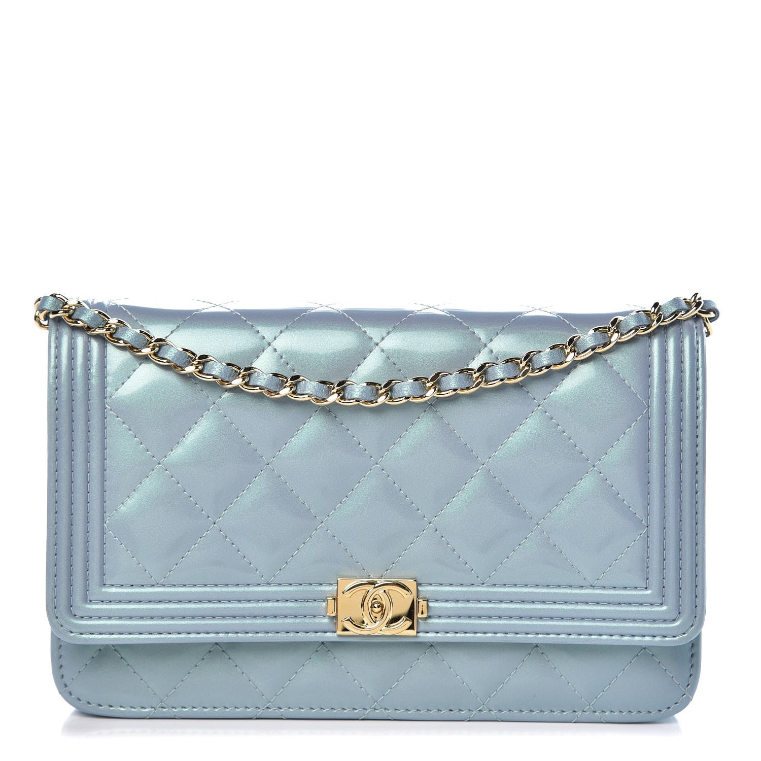 Chanel Metallic Patent Calfskin Quilted Boy Wallet on Chain WOC Light Blue 1 of 10
