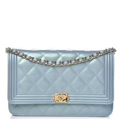 Chanel Metallic Patent Calfskin Quilted Boy Wallet on Chain WOC Light Blue 1 of 10