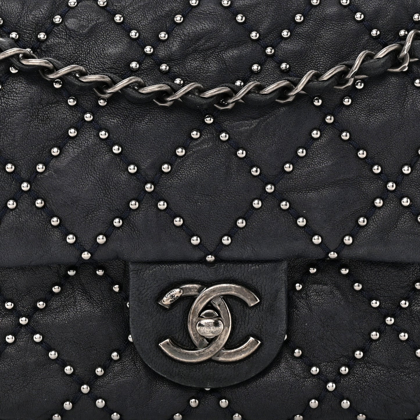 Washed Lambskin Studded Metal Beauty Flap Navy