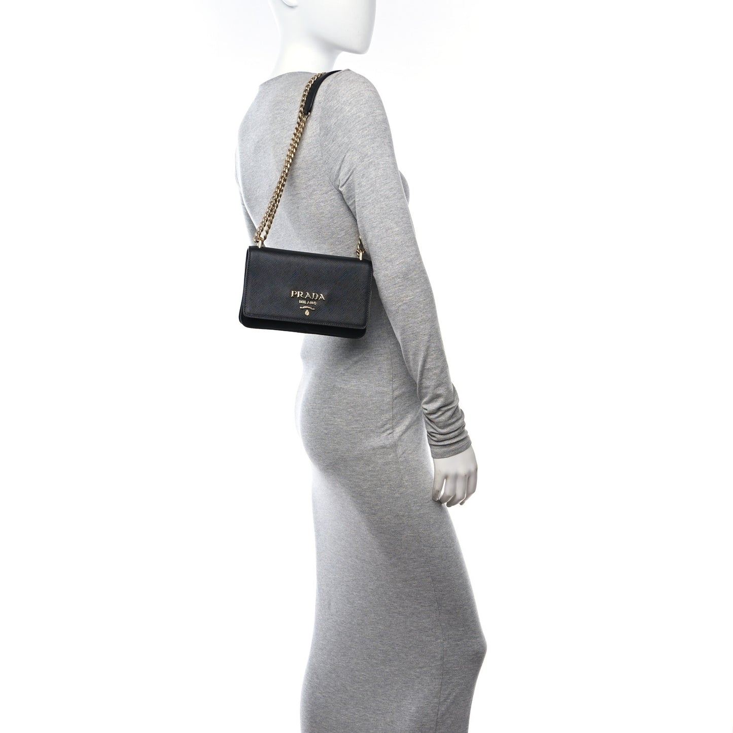 Saffiano Tessuto Nylon Chain Shoulder Bag Black