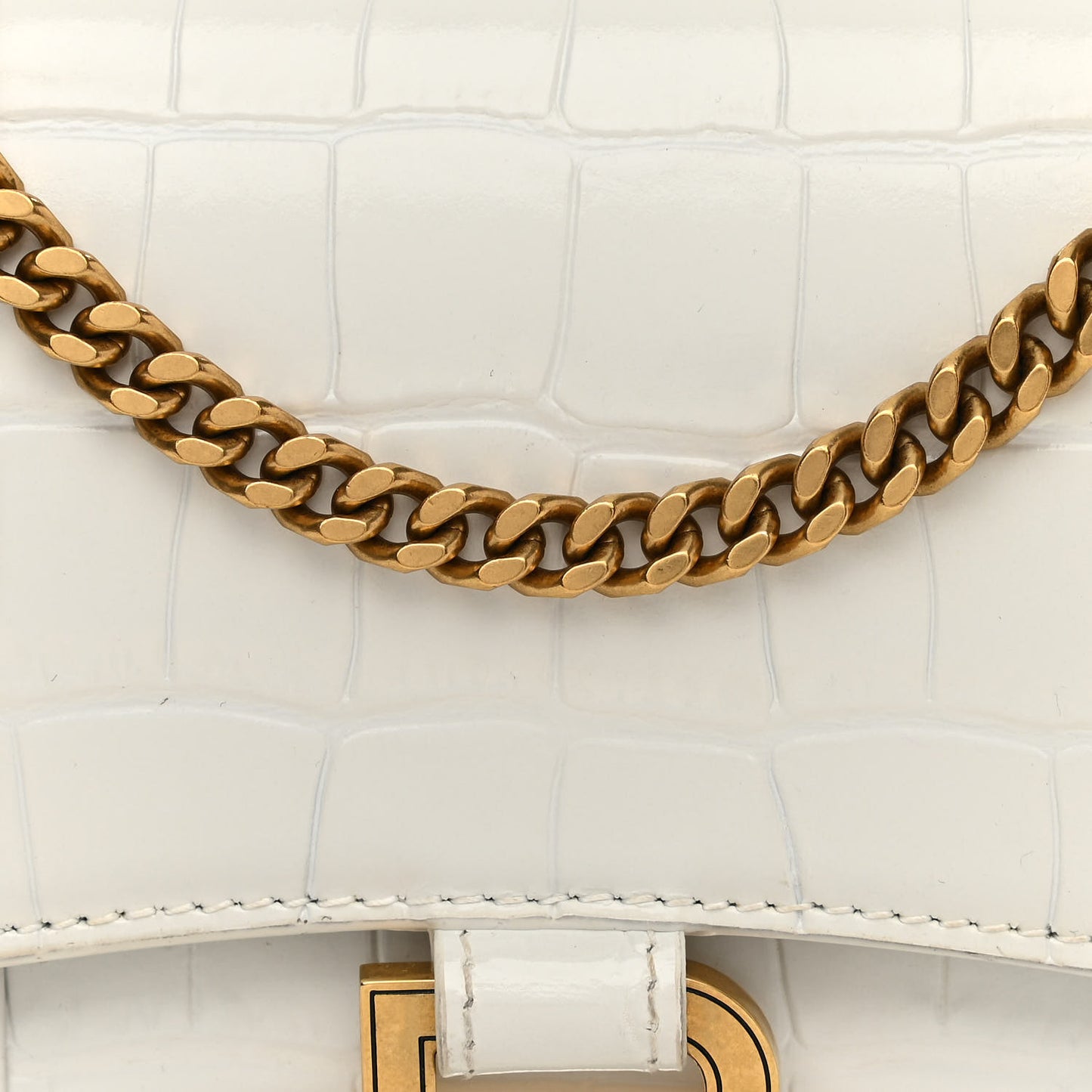 Shiny Calfskin Crocodile Embossed Hourglass Chain Bag White