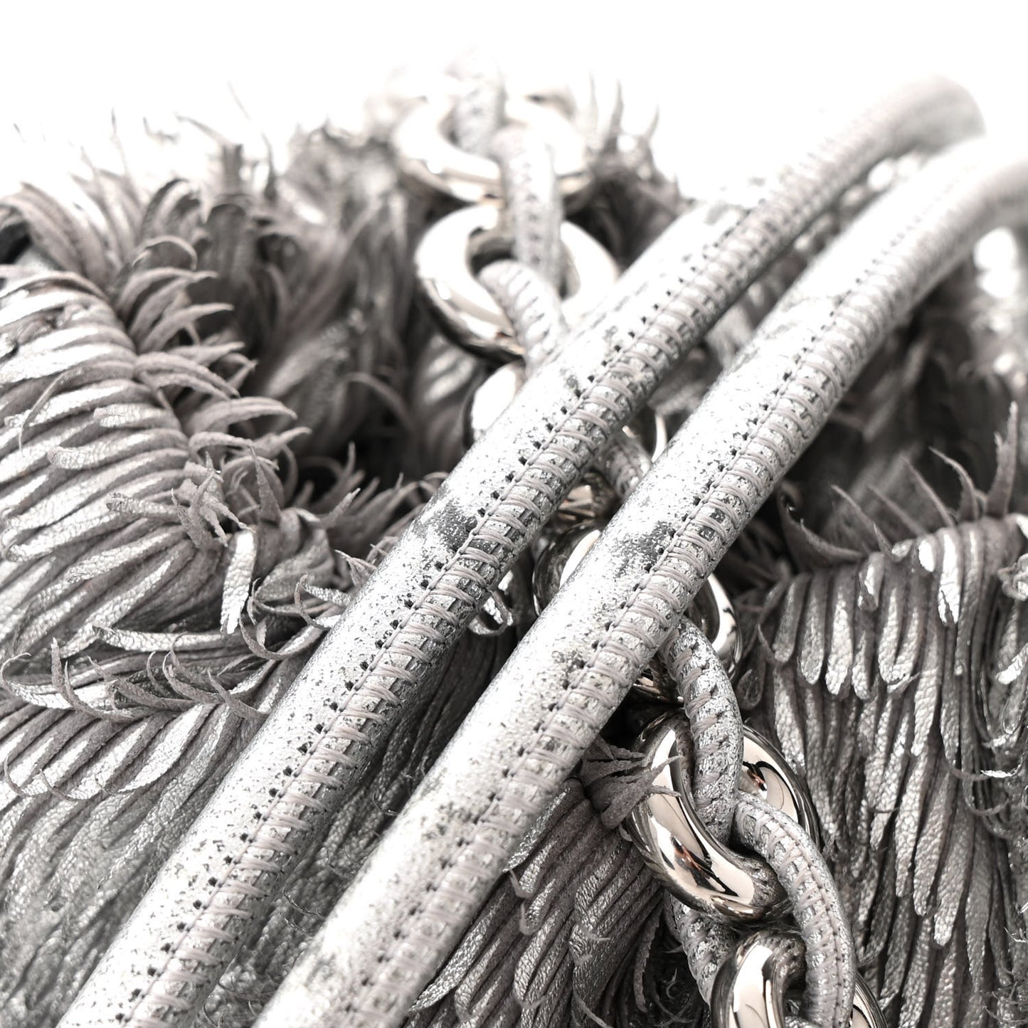 Metallic Nappa Calfskin Fringed Medium Chain Flamenco Knot Purse Silver