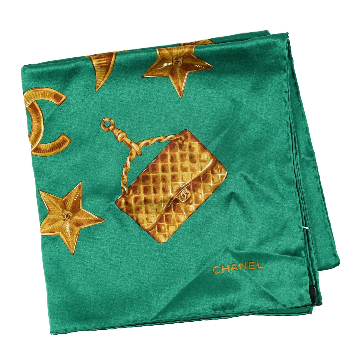 Chanel Silk CC Charms Square Scarf Green Gold 2 of 3