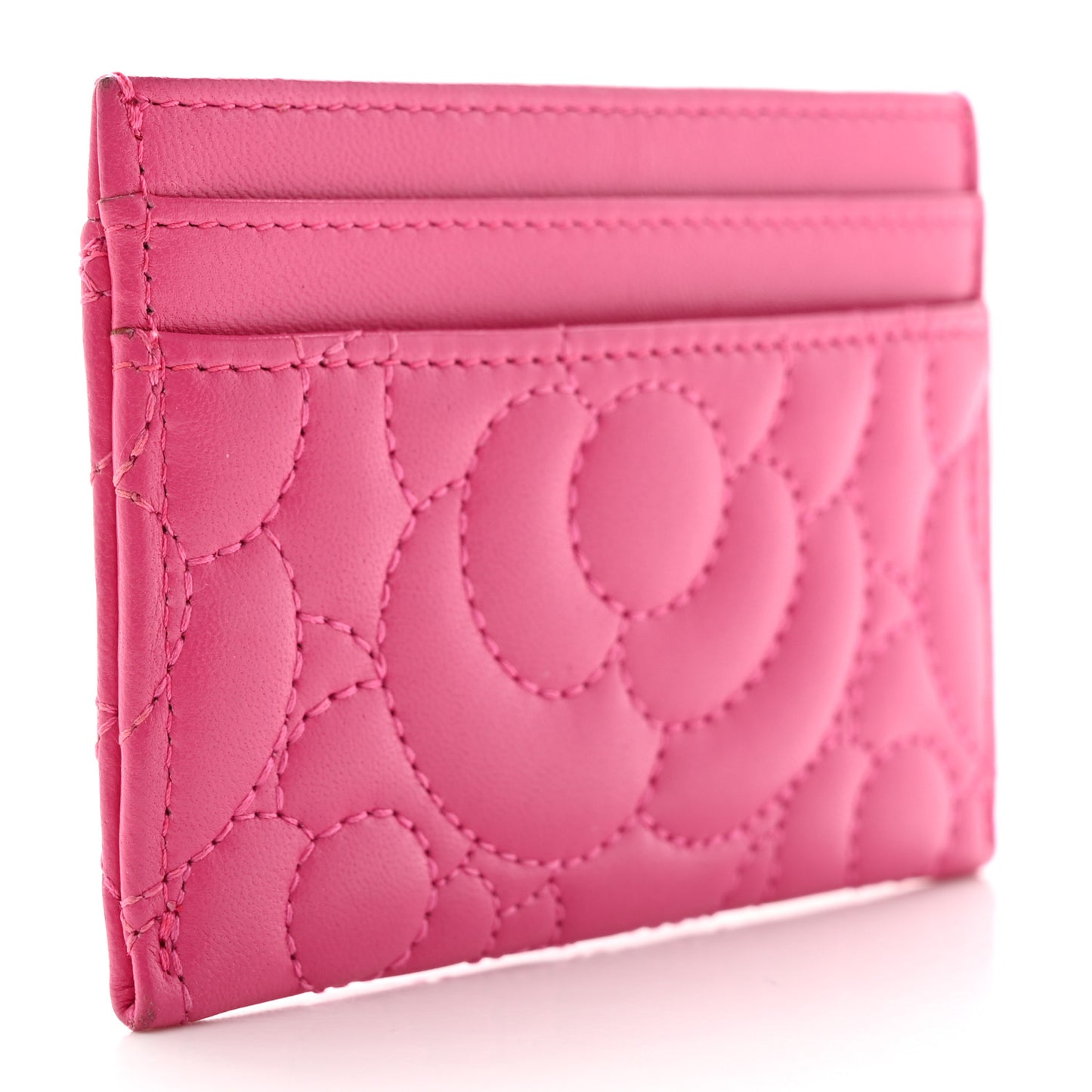 Lambskin Camellia Embossed Card Holder Fuchsia