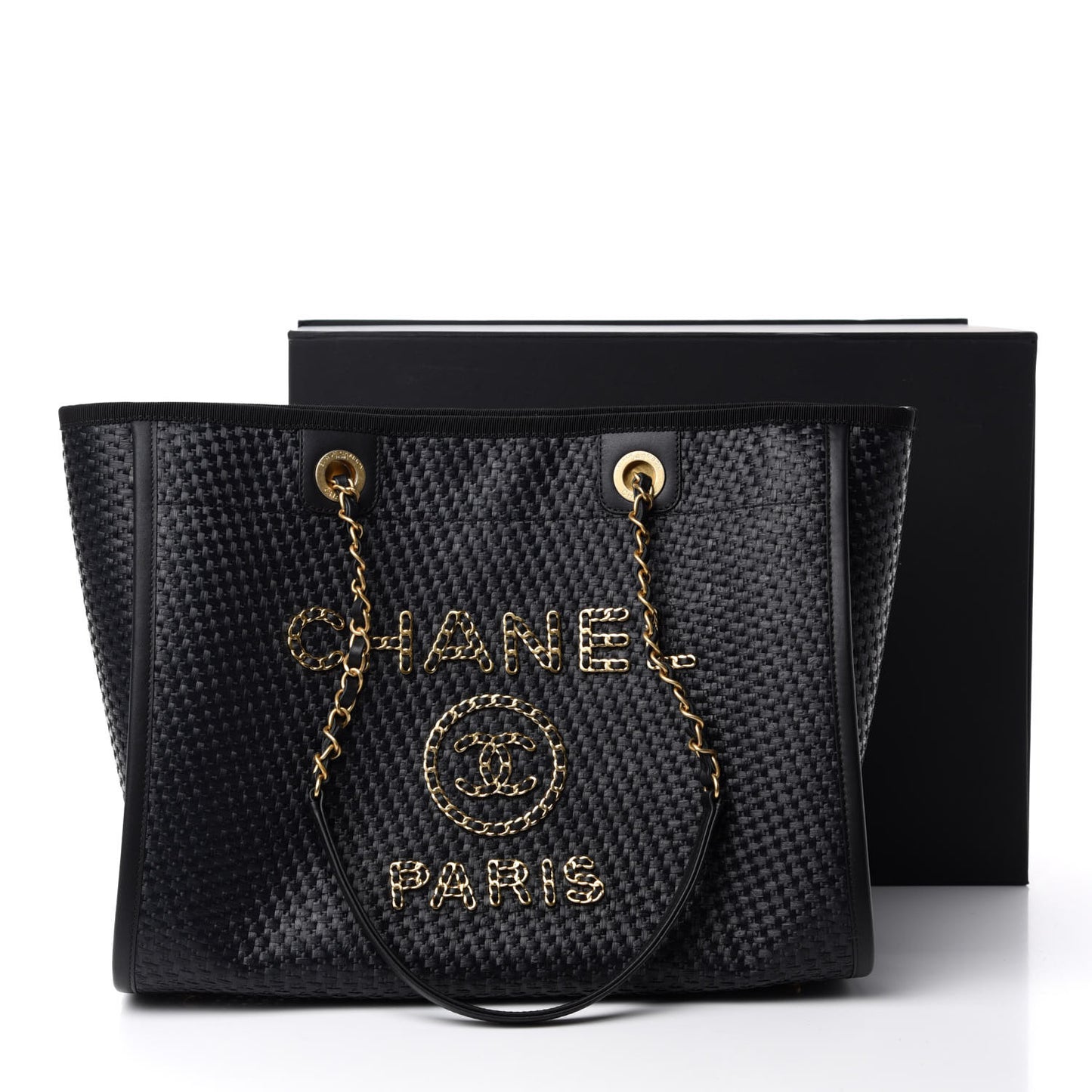 Woven Straw Raffia Small Deauville Tote Black