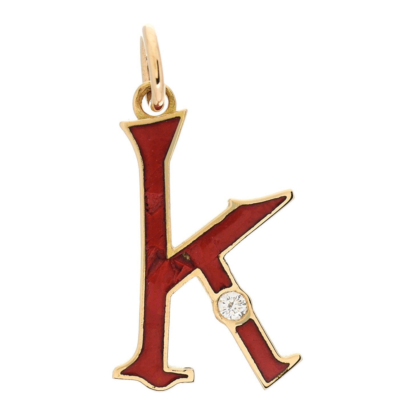 18K Yellow Gold Diamond Enamel Point Initial K Charm Red