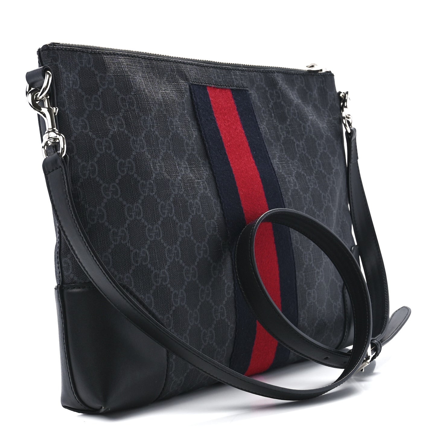 Soft GG Supreme Monogram Appia Calfskin Web East West Messenger Bag Black Grey